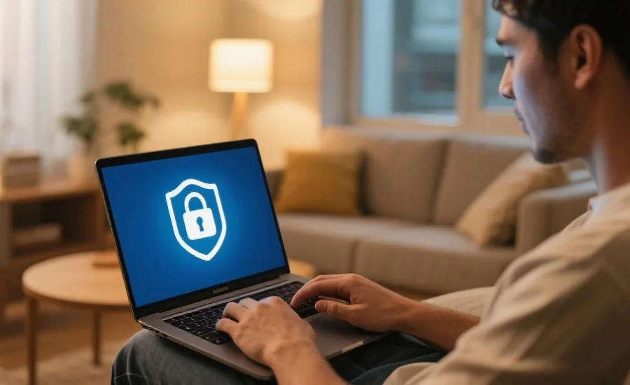 一位用户在家中安全地使用笔记本电脑，屏幕旁有安全锁图标，氛围温馨安全